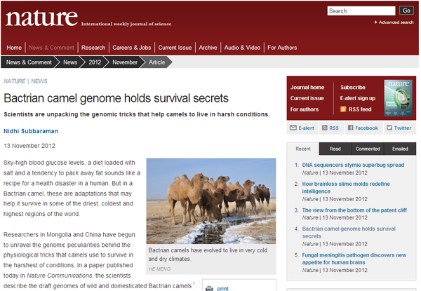 世界首次公开和破译双峰驼全基因组序列图谱