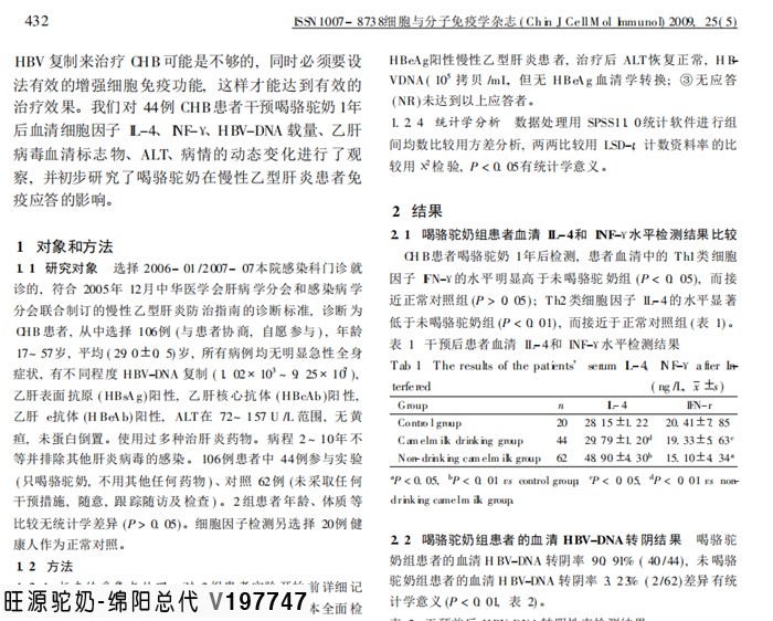 骆驼奶对慢性乙型肝炎患者免疫应答的影响